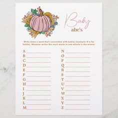 a baby shower game with pumpkins and leaves on the top, which is written in english