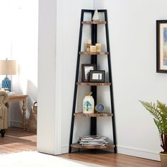 Rustic Free-Standing 5-Tier Pyramid Industrial Corner Shelf in Distressed Wood Finish Corner Shelf Ideas, Books Storage, Adding Storage, Corner Display, Corner Bookshelves, Angle Design, Arc Design, Corner Decor, Corner Storage