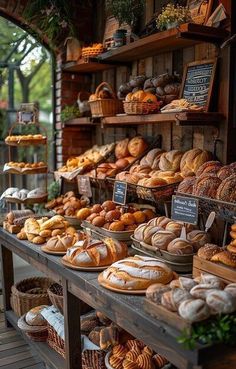 an assortment of breads and pastries on display