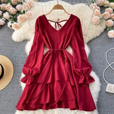 Spring V-neck Long Sleeve Dress In Solid Color, Elegant Long Sleeve V-neck Dress For Brunch, Elegant Long Sleeve Solid Color V-neck Dress, Long Sleeve Solid Color V-neck Dress For Fall, Solid Color Long Sleeve V-neck Party Dress, Long Sleeve Solid Color V-neck Party Dress, V-neck Long Sleeve Dress For Fall, Fall V-neck Long Sleeve Solid Color Dress, Fall V-neck Long Sleeve Solid Dress