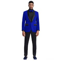 TZ Men's Premium Suit & Tuxedo Prom Blazer Jacket, Royal Blue Introducing our sleek royal blue blazer jacket made with velvet fabric and a satin shawl collar. Perfect for any formal occasion, this blazer adds a touch of luxury to any outfit. The velvet fabric is soft and has a subtle sheen, while the satin shawl collar adds a sophisticated finishing touch. With two front pockets and a single chest pocket, this jacket is both stylish and functional. The classic royal blue color ensures versatilit Royal Blue Tuxedo For Men, Royal Blue And Black Suit, Suite For Men, Prom Men Outfit, Blue Prom Suit, Suits For Guys, Blue Blazer Outfit, Royal Blue Blazer, Tuxedo Prom