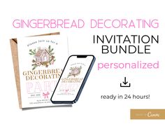 the gingerbread decorating party is on display with an iphone in front of it