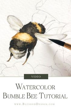 watercolor bumble bee drawing on white paper with black and yellow ink by brush