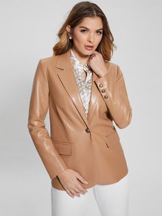 Faux-leather blazer Notched collar Long sleeves with buttoned cuffs Dual pockets Single button closure Self: 100% Polyurethane. Lining: 46% Polyester, 35% Recycled Polyester, 19% Viscose/Rayon. Elegant Leather Jacket With Buttons For Fall, Chic Leather Blazer With Snap Buttons, Leather Blazer With Snap Buttons For Office, Office Leather Blazer With Snap Buttons, Formal Fall Leather Jacket With Snap Buttons, Fall Formal Leather Jacket With Snap Buttons, Formal Leather Jacket With Snap Buttons For Fall, Elegant Faux Leather Button-up Outerwear, Leather Notch Lapel Blazer With Buttons