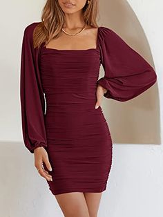 Brand: ANRABESSColor: Wine RedFeatures: Size - S=US(4-6), M=US(8-10), L=US(12-14), XL=US(16-18)，choose your normal size，see details in description.Design - sexy bodycon dress features a mesh puff long sleeve ，square neck，mini dress，ruched bodice，above knee length，great for the next events！Taking the mini dress to the next level, our club dress is a stand out master piece. The detailing and square neckline oozes sophistication while the luxe stretch jersey hugs your curves, creating a feminine silhouette. Striking the perfect balance between simplicity and drama, this sexy dress is your new going out go-to.Occasion - Suitable for Club, Nightclub, Party, Night Out, Clubwear, Cocktail, Casual, Evening, Special Occasion, Daily Wear and OtherWash Care - Machine/ Hand wash, not bleach, hang or l Eve Dresses, New Years Eve Dresses, New Years Dress, Party Dress Short, Flattering Dresses, Satin Mini Dress, Women Wedding Guest Dresses, Winter Outfits Women