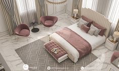 an aerial view of a bedroom with pink and white decor, including a bed, chair, nightstands, lamps, and rug