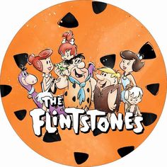 the flintstones logo on an orange background with black and white polka dots around it