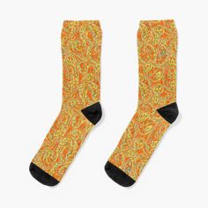 A pair of orange and yellow paisley socks. Designer Socks, Knit Socks