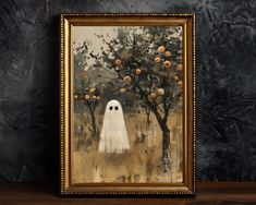 a painting of a ghost standing in front of an apple tree with oranges on it