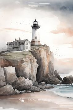 a painting of a lighthouse on top of a cliff