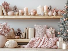 christmas decorations and presents on shelves in a living room with pink, gold and white decor