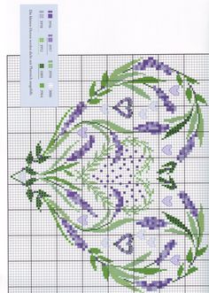 a cross stitch pattern with purple and green flowers