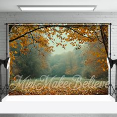 an autumn scene with leaves on the ground and trees in the background that say hello make believe