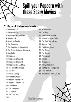 the scary movies list is shown in black and white, with an image of a spider on