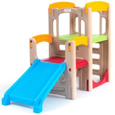 three plastic children's play sets, one with a slide and the other without