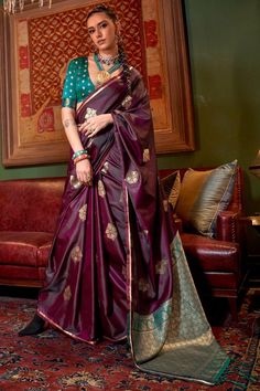 The Banarasi Satin Saree is a luxurious blend of tradition and elegance, woven with intricate zari patterns that shimmer with every movement. Its smooth satin texture offers a regal drape, making it perfect for festive occasions and grand celebrations. This saree is a timeless piece that embodies the rich heritage of Banaras, bringing a touch of opulence to your wardrobe. --------------------------------- S A R E E ● D E T A I L S --------------------------------- ● Fall and Edging : Done ● Tassel : See in Option ● Petticoat : On request Extra Charges ● Drapping Saree (Ready to wear) : On Request Extra Charges ● Blouse : Matching Unstitched Piece (See in option) ● Occasion : Wedding, Party, Festive, Function ● Type: Bollywood ● Includes : 1 Saree, 1 Blouse Piece ● Saree length : 5.5 meter Wine Color Saree, Drapping Saree, Handloom Weaving, Weaving Designs, Ghagra Choli, Satin Saree, Traditional Attire, Casual Wedding, Jodhpur