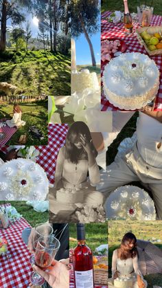 a collage of photos with wine, food and people on picnic tables in the park