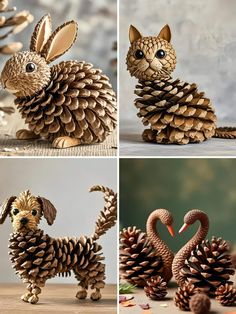 three pictures of different types of pine cones with animals made out of them, one is brown and the other is white