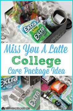 the collage of college care packages with text overlay that reads, miss you a latte college care package idea