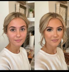 a woman with blonde hair and makeup looks at the camera while wearing a white sweater