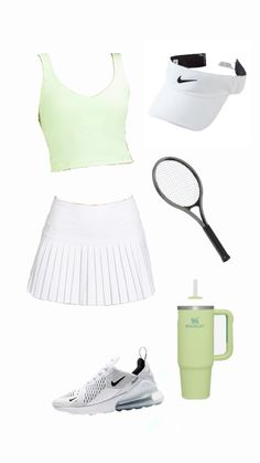 the tennis outfit is white and has black accents on it, along with a green cup