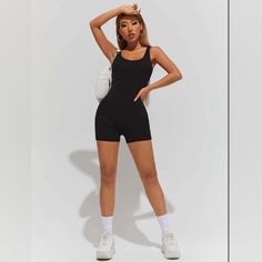 Black Solid Unitard Tank Romper - Too Short For Me; Unworn One Piece Body Suit Outfit, Unitard Outfit, Black Bodysuit Outfit, Body Suit Outfit, Shorts Romper Outfit