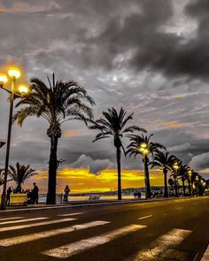 palm trees line the street as people walk on the sidewalk at sunset in front of dark clouds