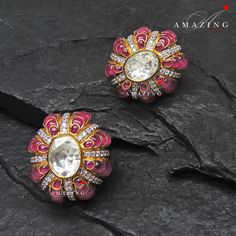 Silver Moissanite Polki with Hydro Ruby Chips Earring Moissanite Polki Kundan Stud Indian Wedding Jewelery Everyday Wear Studs Earrings Material : Silver Gemstone: Moissanite, Hydro Ruby Chip Stones Stone colour: Uncut Polki Primary colour: Gold Size-Length: 60mm Width: 40mm Closure : Screw back and Clips Silver Intricate, hand crafted, Pure Silver Polki Earrings, studded with high quality Moissanite Polki Earring comes with screw back and clips, made in 92.5 silver with 22ct gold plating. Produ White Stone Work Earrings For Formal Occasions, Diamond Gemstone Cluster Earrings For Wedding, Fusion Style Meenakari Bridal Earrings For Reception, Exquisite Hand Set Earrings For Wedding, American Diamond Bridal Earrings With Meenakari, Diamond Temple Jewelry Bridal Earrings For Reception, Wedding Bridal Earrings With Meenakari And American Diamond, Exquisite Hand-set Earrings For Wedding, Festive Bridal Earrings With Stone Work For Anniversary