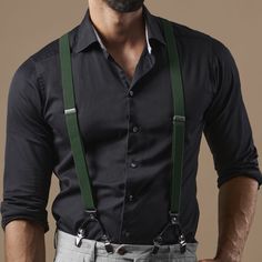 Slim Dark Green Clip-On Suspenders | In stock! | TND Basics Green Suspenders, Shirt Outfit Men, Suspenders Men, Dapper Men, Vintage Casual, Green Shirt, Black Suits, Khaki Green, Brooks Brothers