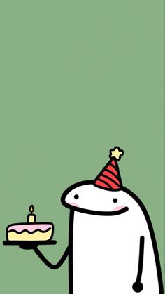 a cartoon character holding a cake with a candle on it's top and wearing a party hat