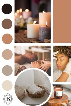 a collage of photos with candles, towels and other things in the background that are being used for skin care