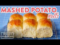 some rolls are on a wire rack with the words mashed potato rolls above it