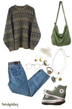 Colorful Converse Outfit, Circle Frame Glasses, Book Store Outfit, 90s Hippie Fashion, Cozy College Outfit, Fall Hippie Outfits, Grandpa Sweater Outfit, Green Converse High Tops, Vintage Sweater Outfit