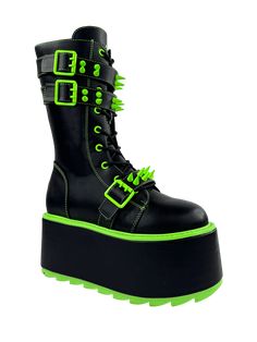 TRANCE - BLACK/GREEN Green And Black Clothes, Neon Green And Black Outfit, Black And Green Boots, Toxic Core, Neon Green Outfits, Green Goth, Neon Goth, Emo Boots, Goth Outfit Inspo