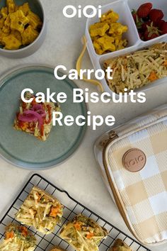 carrot cake biscuits on a cooling rack with bowls of fruit and other foods in the background