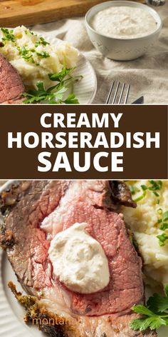 Close-up of a slice of prime rib with a side of mashed potatoes and creamy horseradish sauce on top. Horseradish Sauce For Prime Rib, Sauce For Prime Rib, Horseradish Sauce Recipe, Prime Rib Sauce, Homemade Horseradish, Horseradish Recipes, Horseradish Cream Sauce, Creamy Horseradish, 40 Aprons