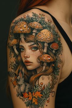 a woman's shoulder with mushrooms and flowers on her body, as well as an animal