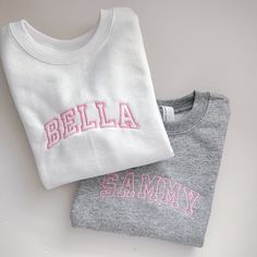 This cozy pullover sweatshirt is cotton/poly blend is embroidered with your little one's name across the front of the chest. Available in 2T-7.  Please wash on cold and dry on low. If you are wanting a different design, more wording, or a different clothing style, please send me a message so we can discuss the details. Please leave the thread color you would like in the personalization box. Embroidered Name Sweatshirt, Name Sweatshirt, Personalized Sweater, Embroidered Name, Cozy Pullover, Block Lettering, Kids Sweatshirt, Pullover Sweatshirt, Toddler Girl