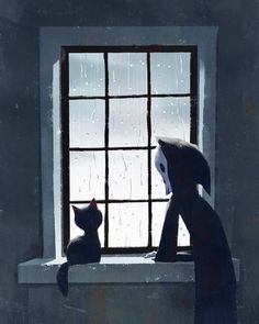 a painting of a cat sitting on a window sill next to a person with an umbrella