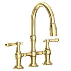 a golden faucet with two handles and nozzles on the side, in front of a white background