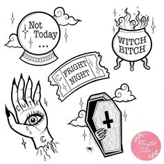 four different hand drawn images with the words not today and witch's night on them