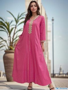 Orcajump - Allover Print LaceTape Stitching Abayas, Elegant V-neck Maxi Length Dress, Women's Clothing Eid Anarkali V-neck Dress, Festive Anarkali Maxi Dress With V-neck, Festive V-neck Kaftan, V-neck Kurta For Beach And Eid, V-neck Kurta For Beach Eid Festival, Beach V-neck Kurta For Eid, V-neck Kurta For Eid Beach Occasion, Bohemian V-neck Abaya For Festive Occasions, Pink Anarkali V-neck Dress