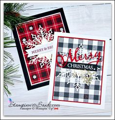 two christmas cards with snowflakes on them, one is red and the other is black