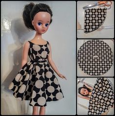 the doll is wearing a black and white dress