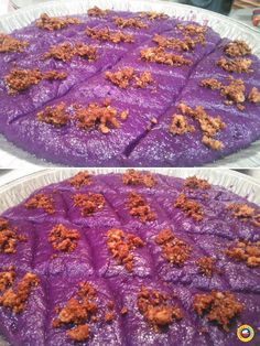 two pictures of purple food on top of each other in different stages of being cooked