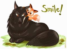 a black cat and an orange fox sitting next to each other with the words smile on them