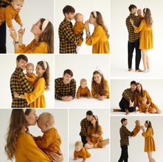 a collage of photos shows a woman holding a baby and kissing her husband's forehead