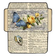 two butterflies and yellow roses on an old book page