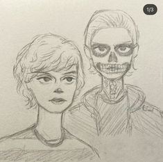 a drawing of two people, one with a skull on his head and the other without