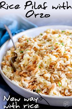 rice plas with orzo in a white bowl on a blue cloth and text overlay